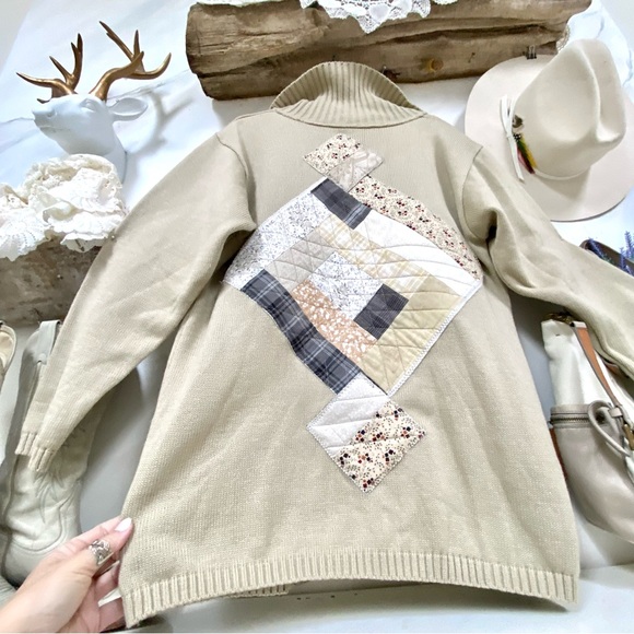 Artisan Patchwork boho Sweater w farmhouse prairie granny cabin vibe - Picture 4 of 16